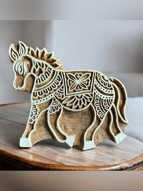 Rustic Hand-Carved Wood Horse Figurine Indian Block Print Stamp Decorative⁠